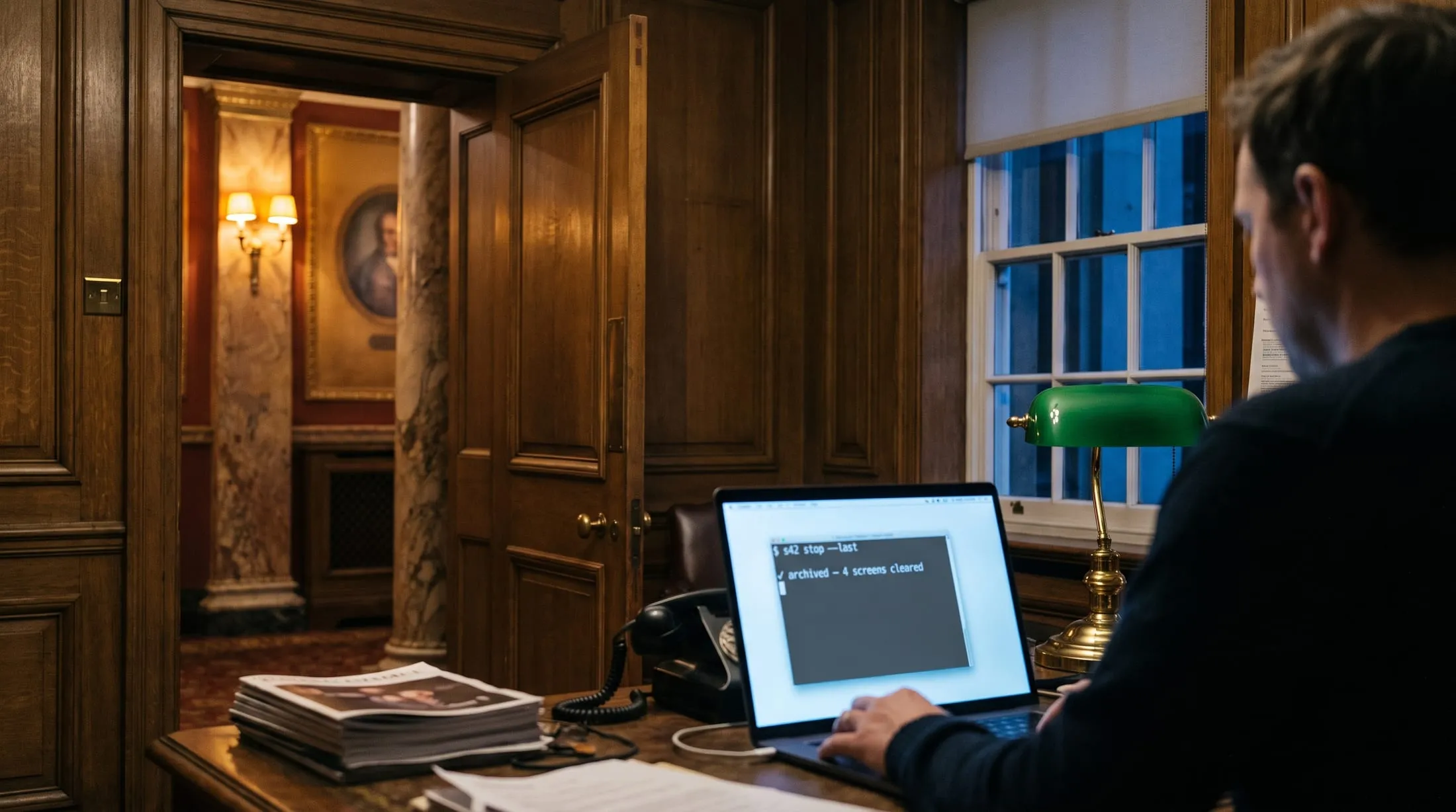 Ein holzvertäfeltes Büro im Vorderhaus, auf dem Laptop läuft ein Terminal; durch die offene Tür ist das erleuchtete Foyer zu sehen.