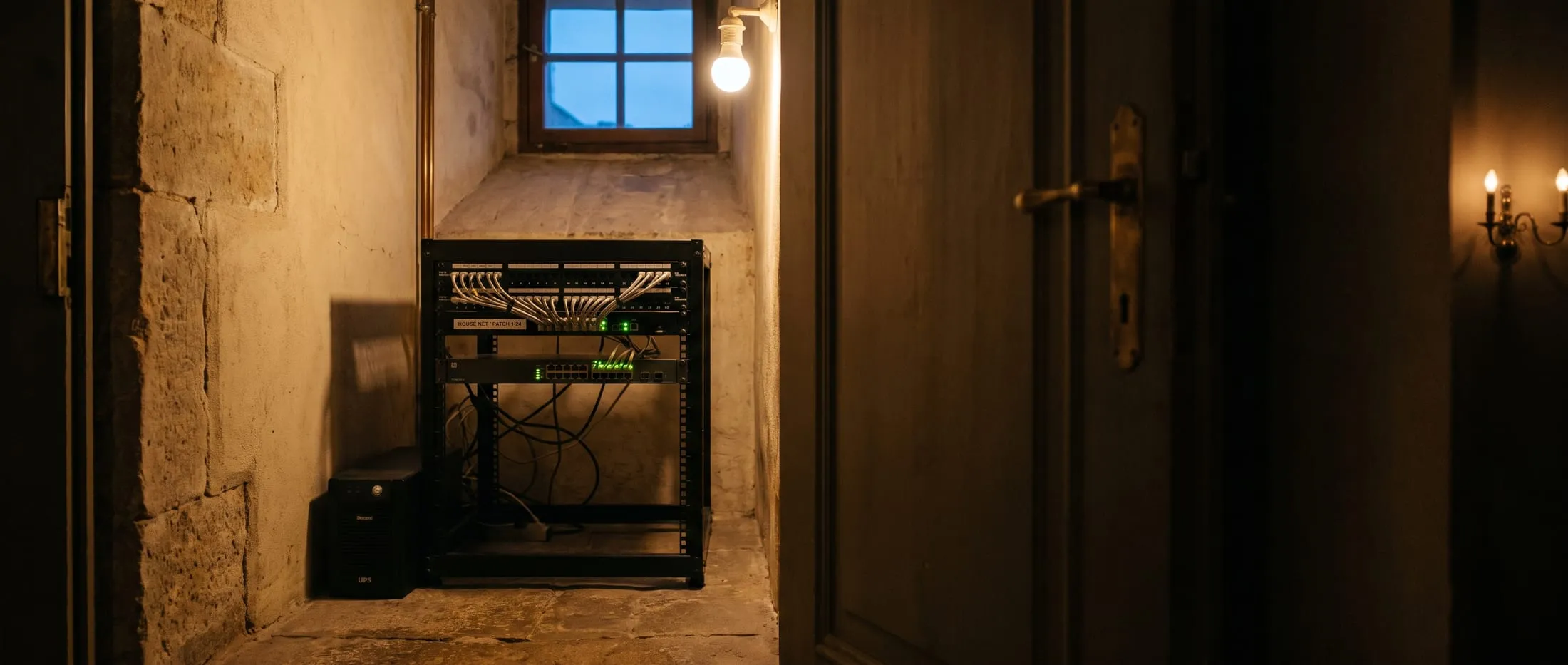 Ein kompaktes Technikrack mit USV und Netzwerk-Switch vor der Bruchsteinwand eines denkmalgeschützten Gebäudes.
