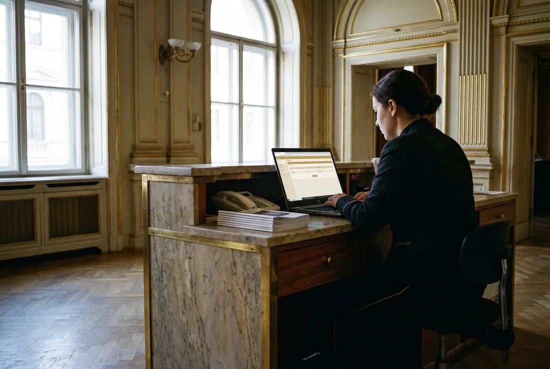 Eine Mitarbeiterin des Vorderhauses arbeitet am Laptop im hellen Tagesfoyer; die Oberfläche läuft im hellen Design.