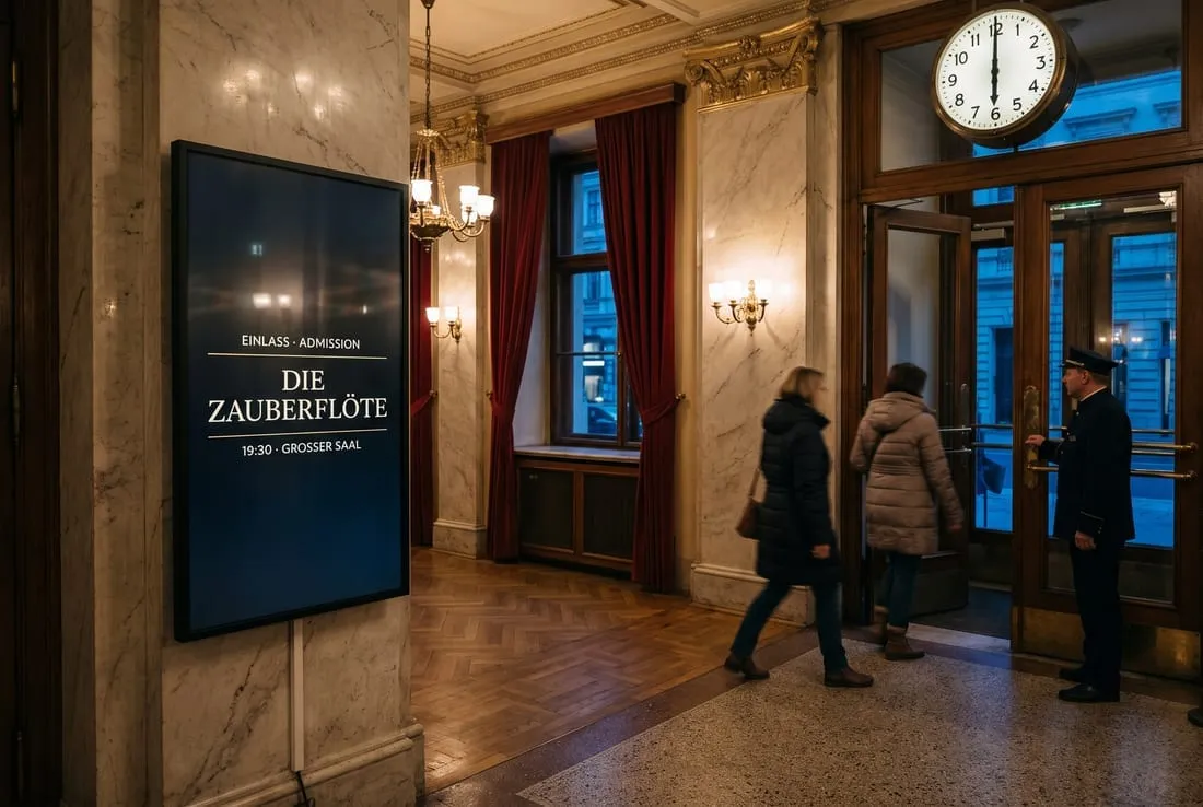 Die Eingangshalle beim Einlass um sechs; Uhr und Panel sind beide im Bild.