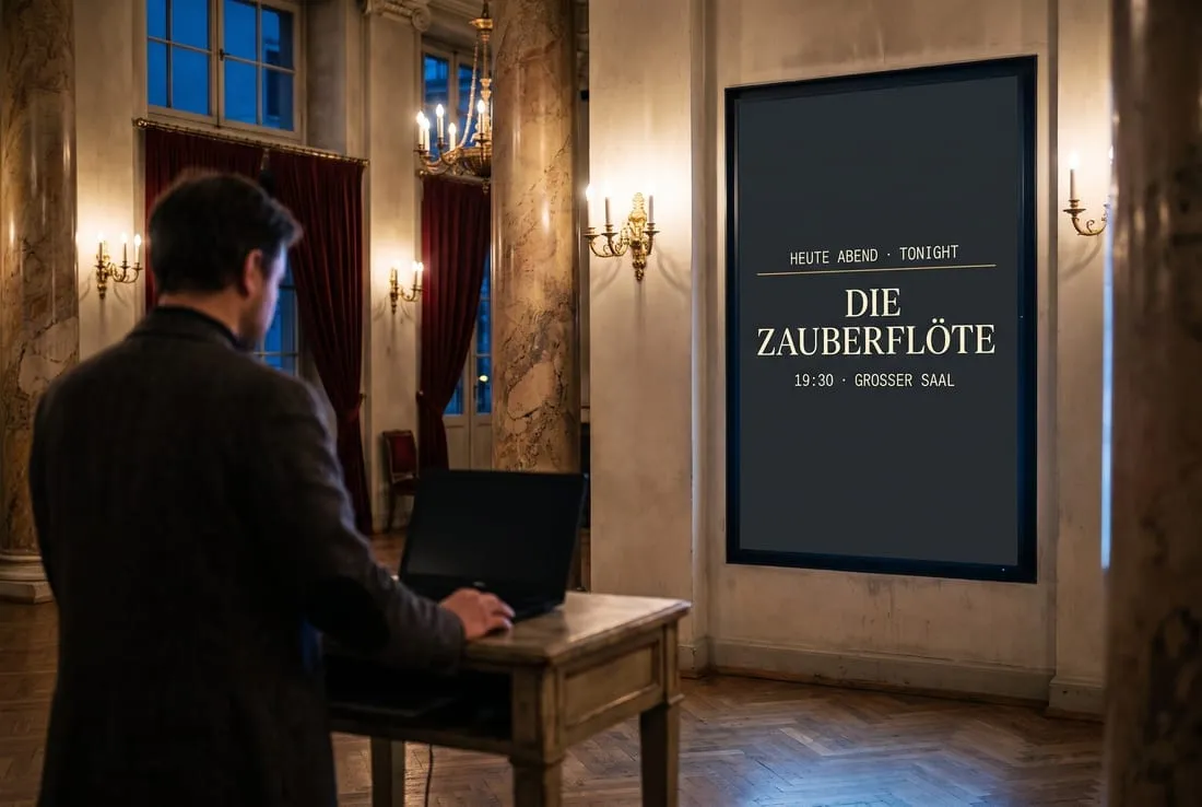 Eine Bedienerin steht mit ruhenden Händen am Laptop; das Panel dahinter zeigt unverändert das aktuelle Layout.