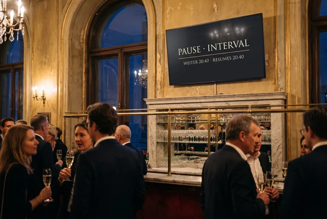 Die Foyerbar in der Pause; darüber zeigt ein Panel die Pausenmeldung und die Uhrzeit der Fortsetzung.
